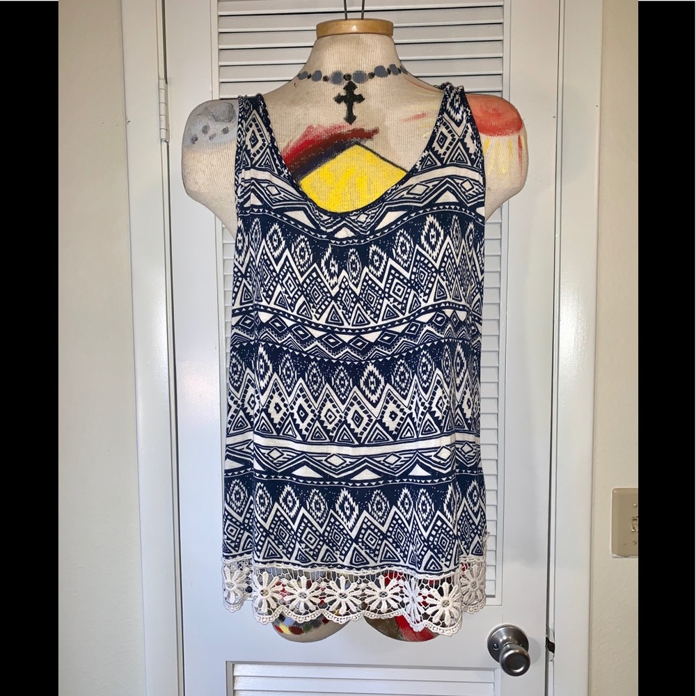 Blue tribal design tank top with floral lace trim